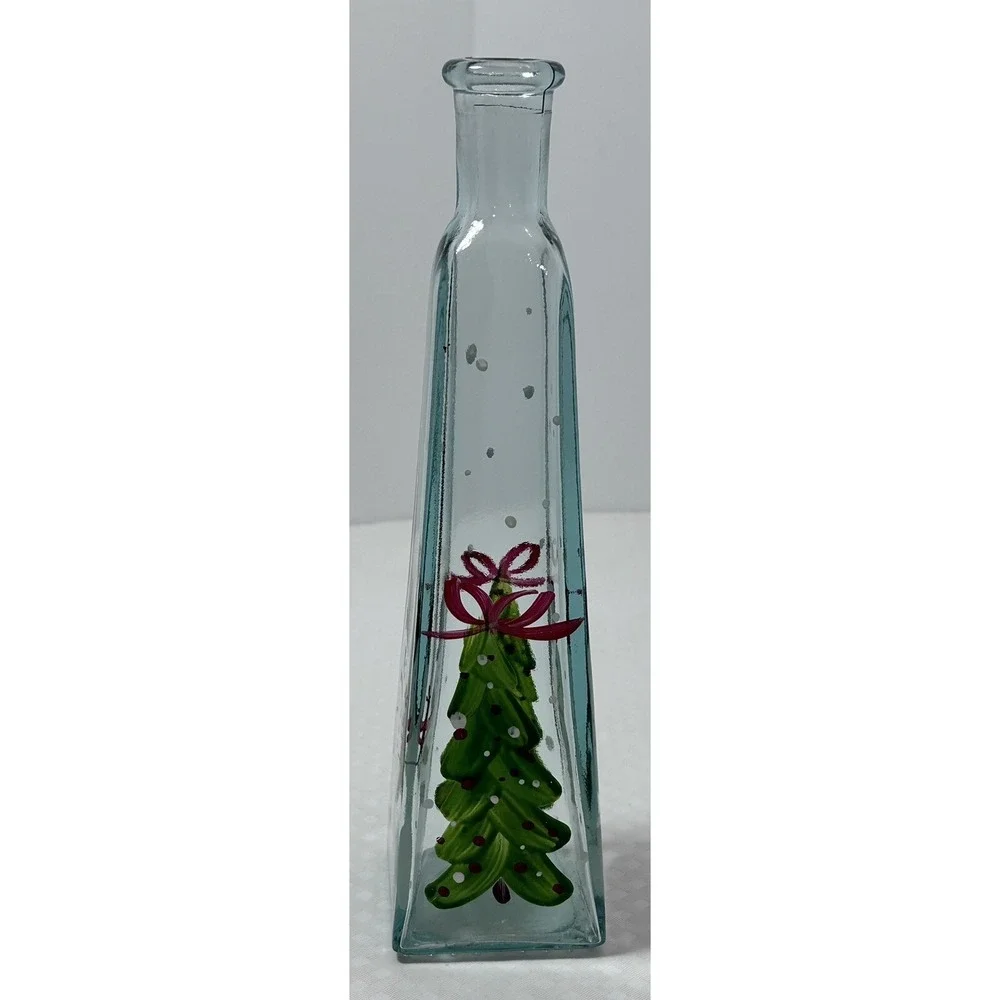 Clear Hand Painted Snowman & Christmas Tree Flower Bud Vase Bottle